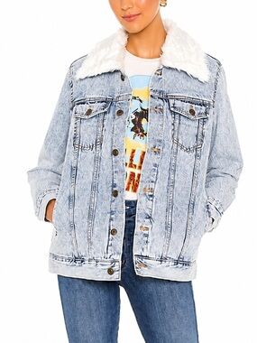 Show Me Your Mumu x Revolve Durado Faux Fur Collar Denim Jean Jacket Blue Rain